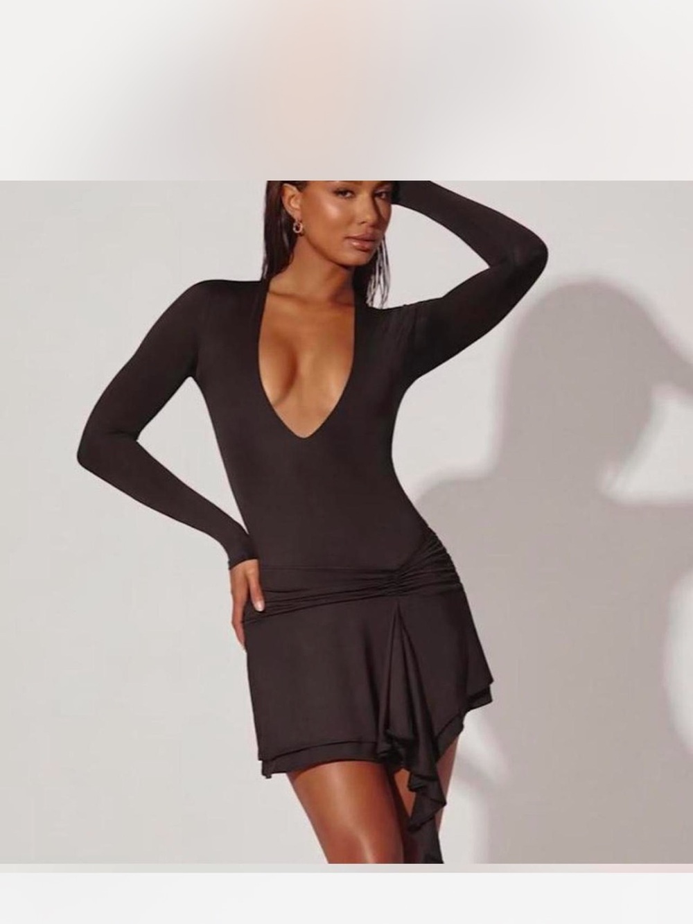 Oh Polly Black Deep V Long Sleeve Asymmetric Hem Dress